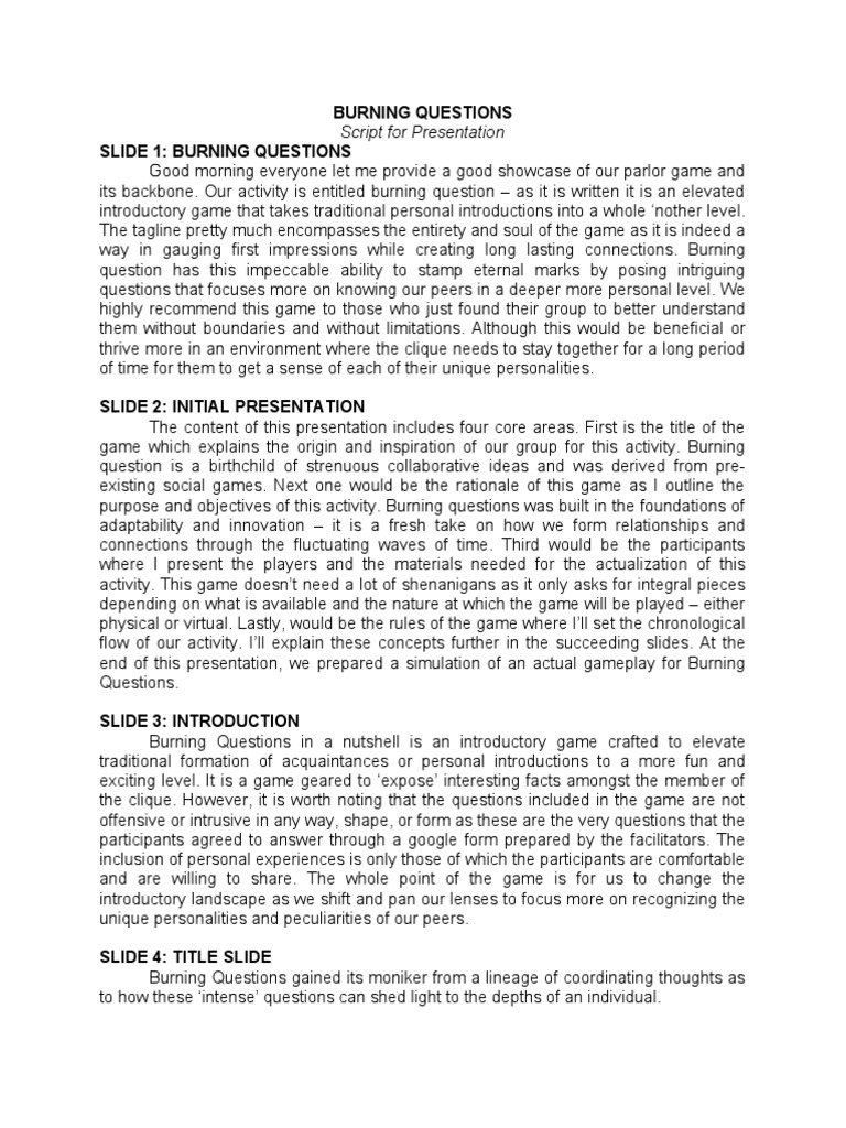 Burning Questions Game Guide | PDF | Career & Growth | Games & Activities