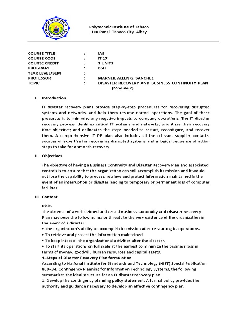 Disaster Recovery and Business Continuity Plan | PDF | Disaster ...