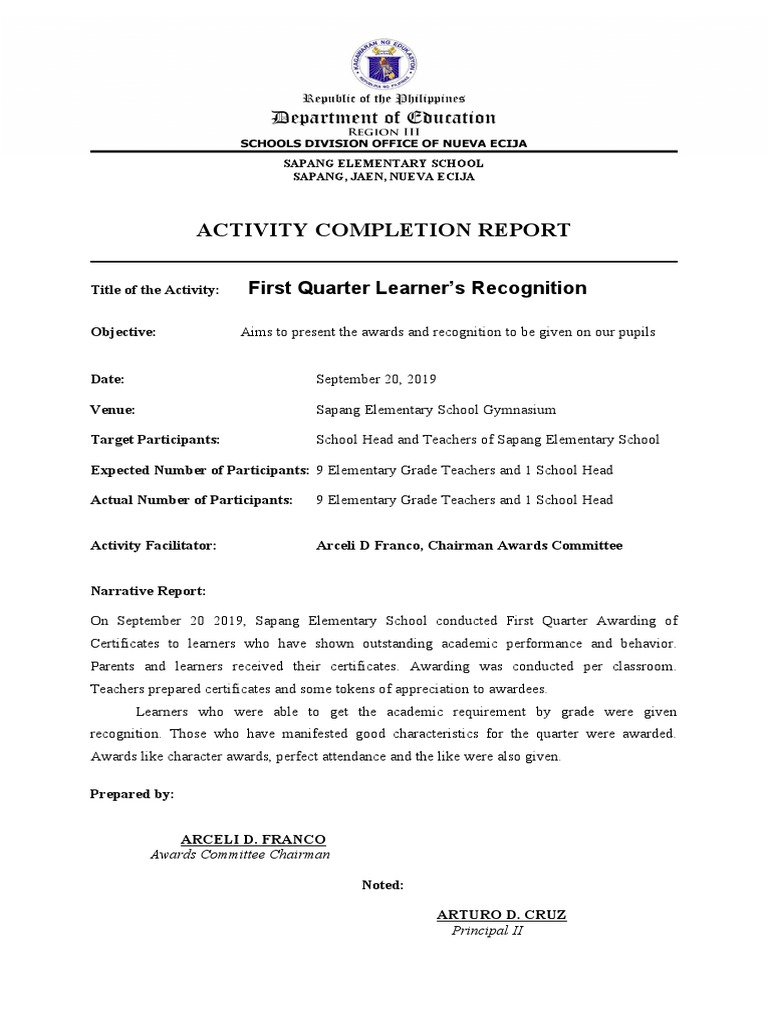 First Quarter Learner Recognition Report | PDF | Teachers | Education ...