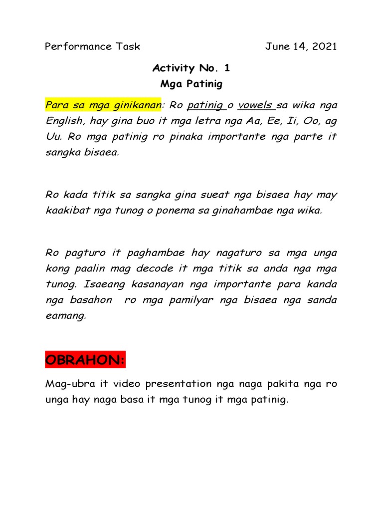 Kindergarten - Performance Task June 14 | PDF