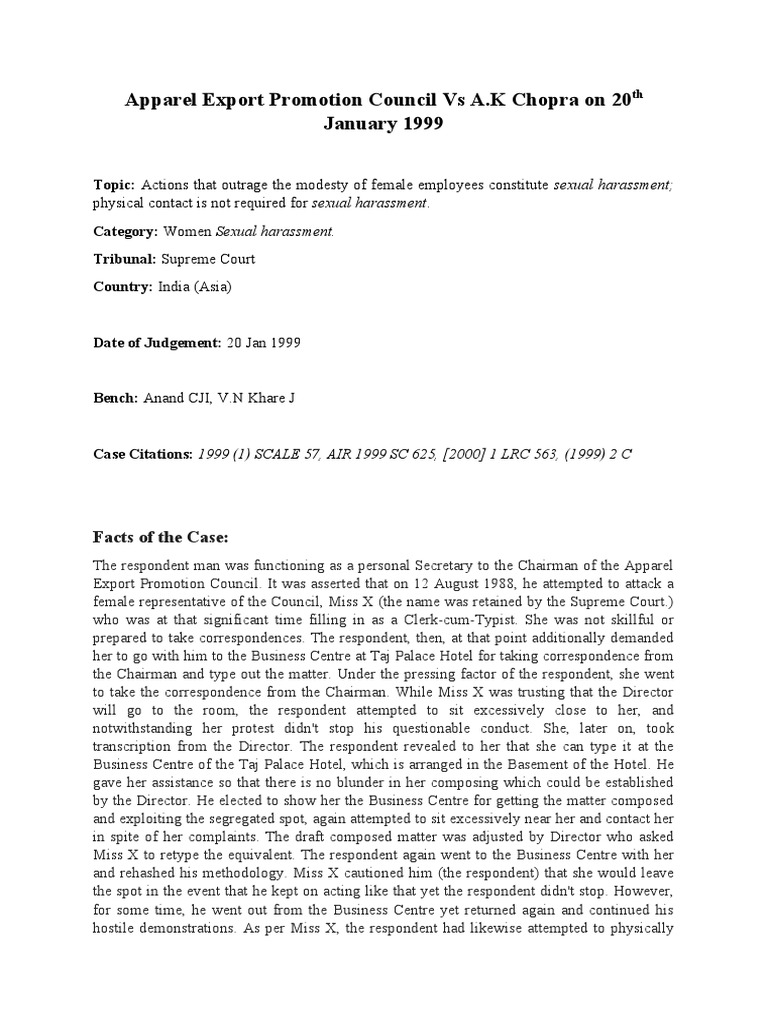 Apparel Export Promotion Council Vs A.K Chopra On 20th January 1999