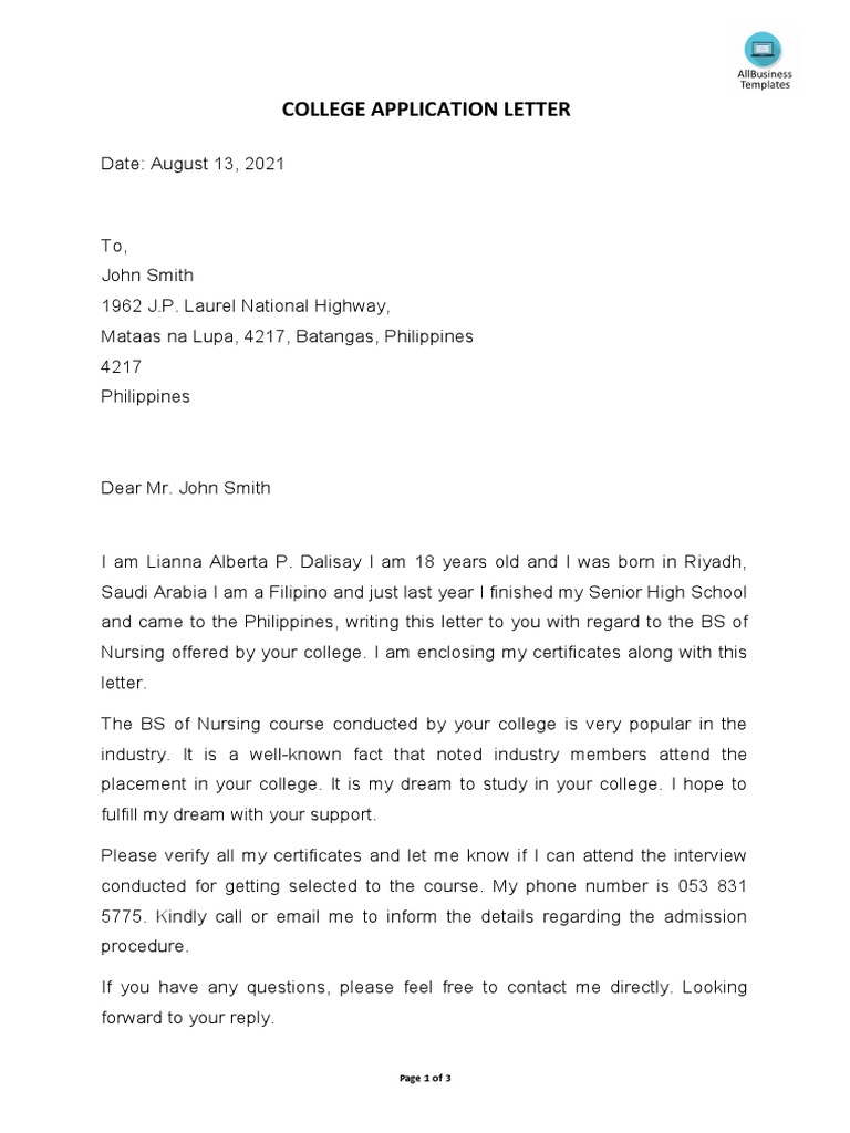 College application on sale letter sample