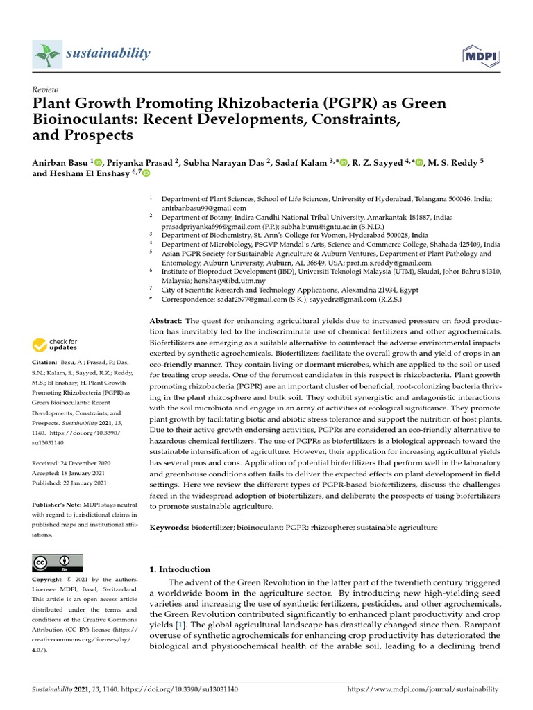 Plant Growth Promoting Rhizobacteria (PGPR) As Green Bioinoculants ...