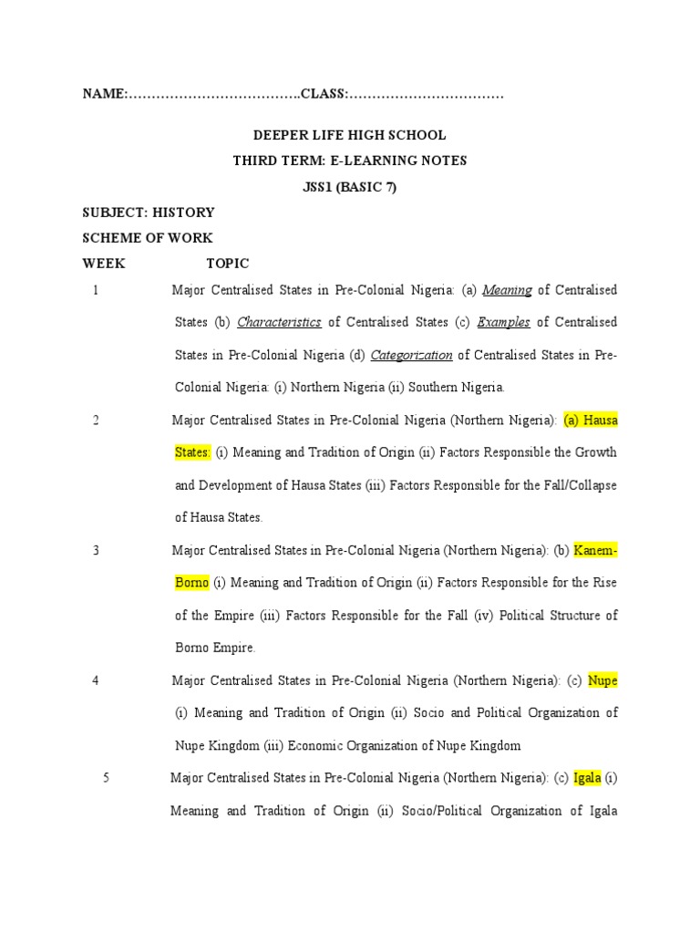 NAME ..CLASS . Deeper Life High School Third Term ELearning Notes