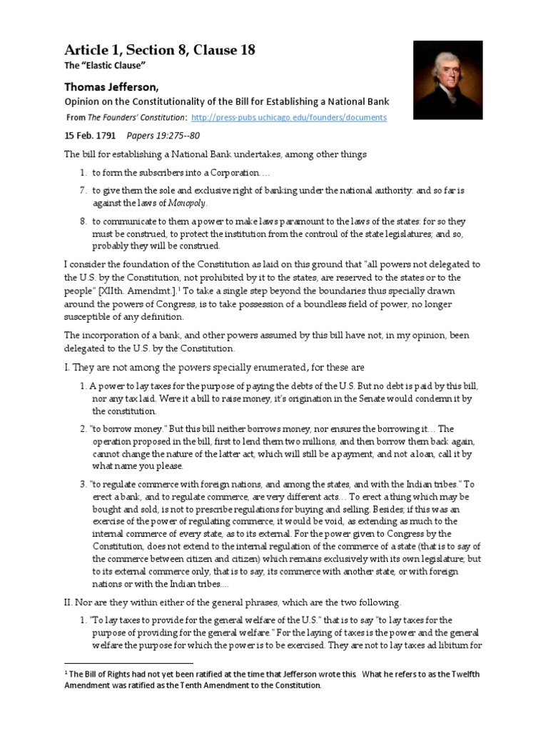 Jefferson's Opposition to National Bank | PDF | Necessary And Proper ...