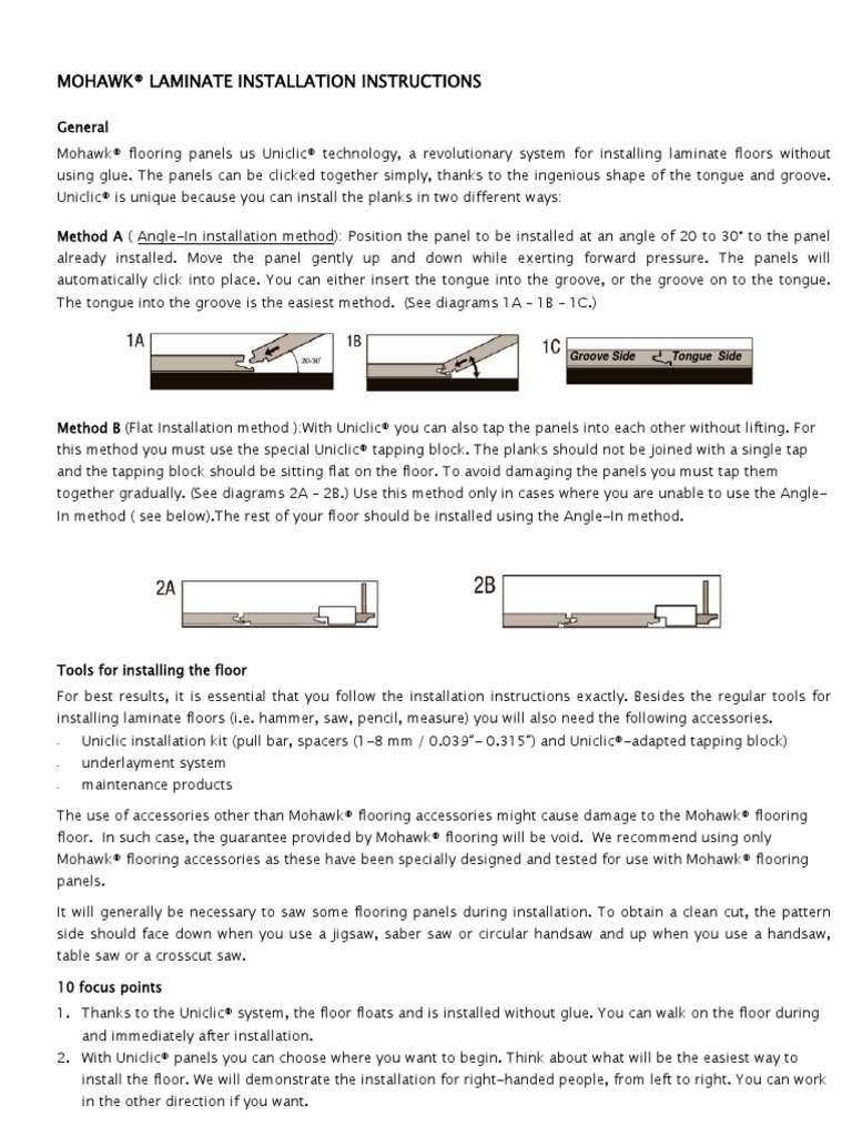 Mohawk® Laminate Installation Instructions Groove Side Tongue Side