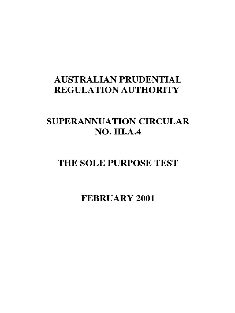 Superannuation Circular III A 4 The Sole Purpose Test February 2001 PDF Pension Insurance