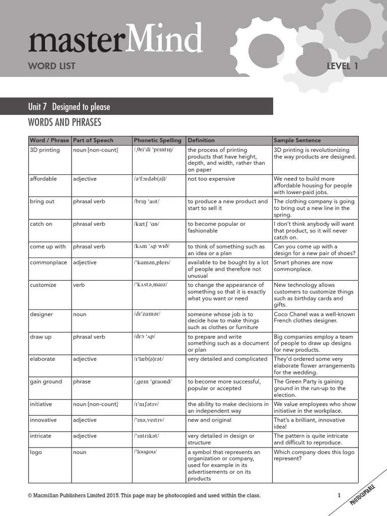 MasterMind 1 Unit 7 Wordlist | PDF | Phrase | Adjective