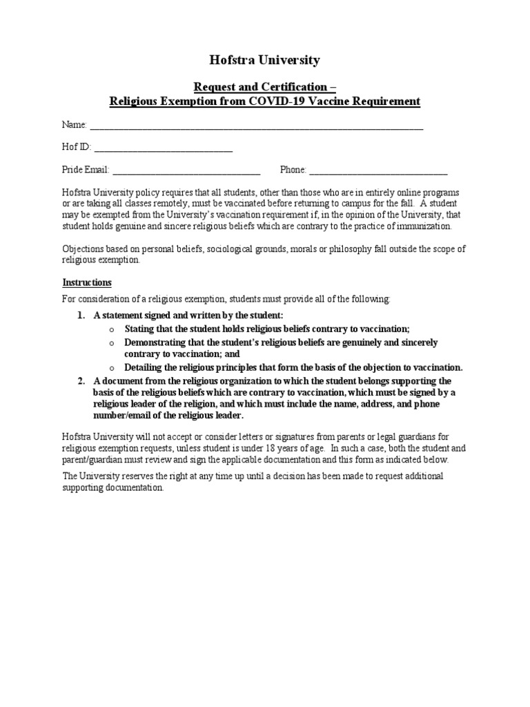Request and Certification - Religious Exemption From COVID-19 Vaccine ...