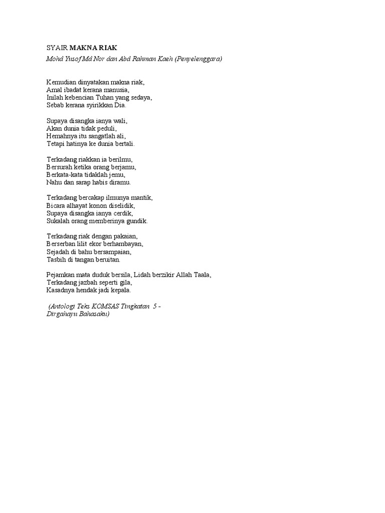 Makna Riak dalam Syair Puisi | PDF | Kajian Bahasa Asing | Agama ...