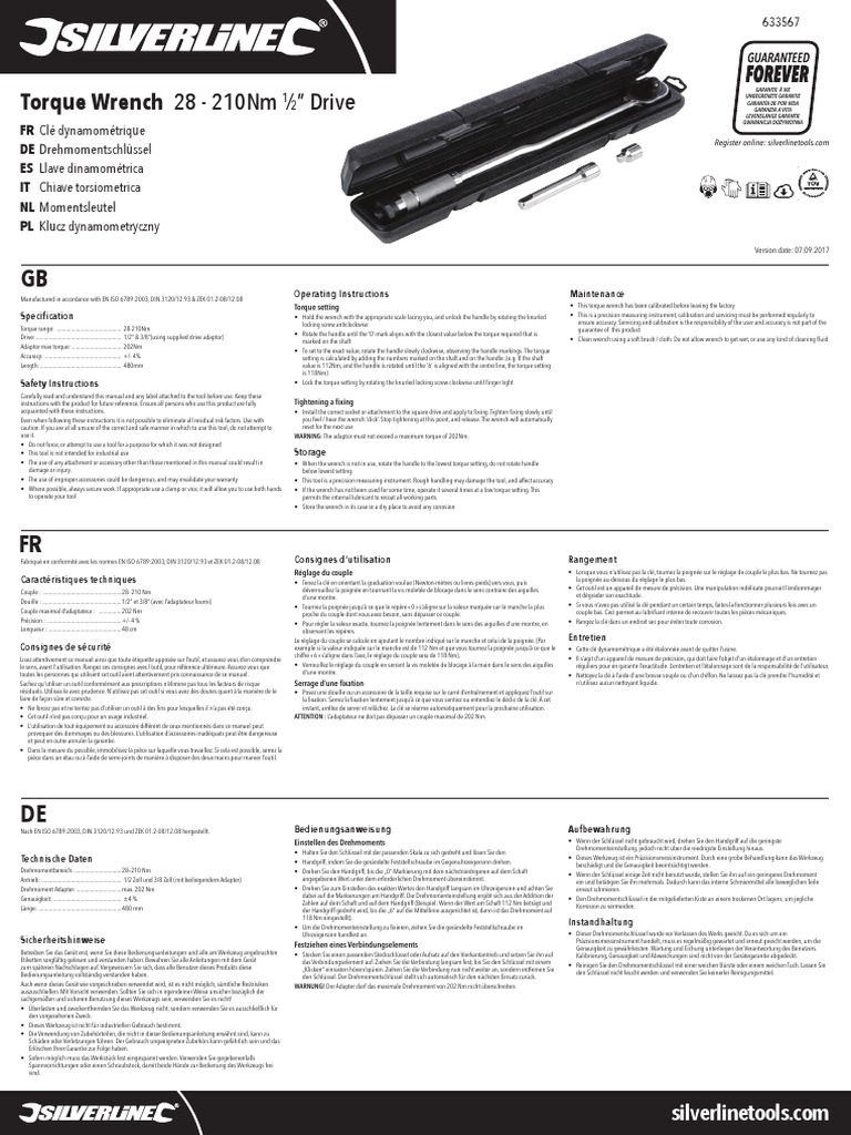 Silverline Torque Wrench 28 210Nm PDF Calibration Torque