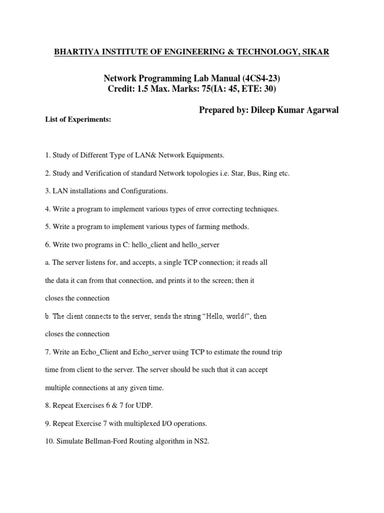 Network Programming Lab Manual (4CS423) Credit 1.5 Max. Marks 75 (IA