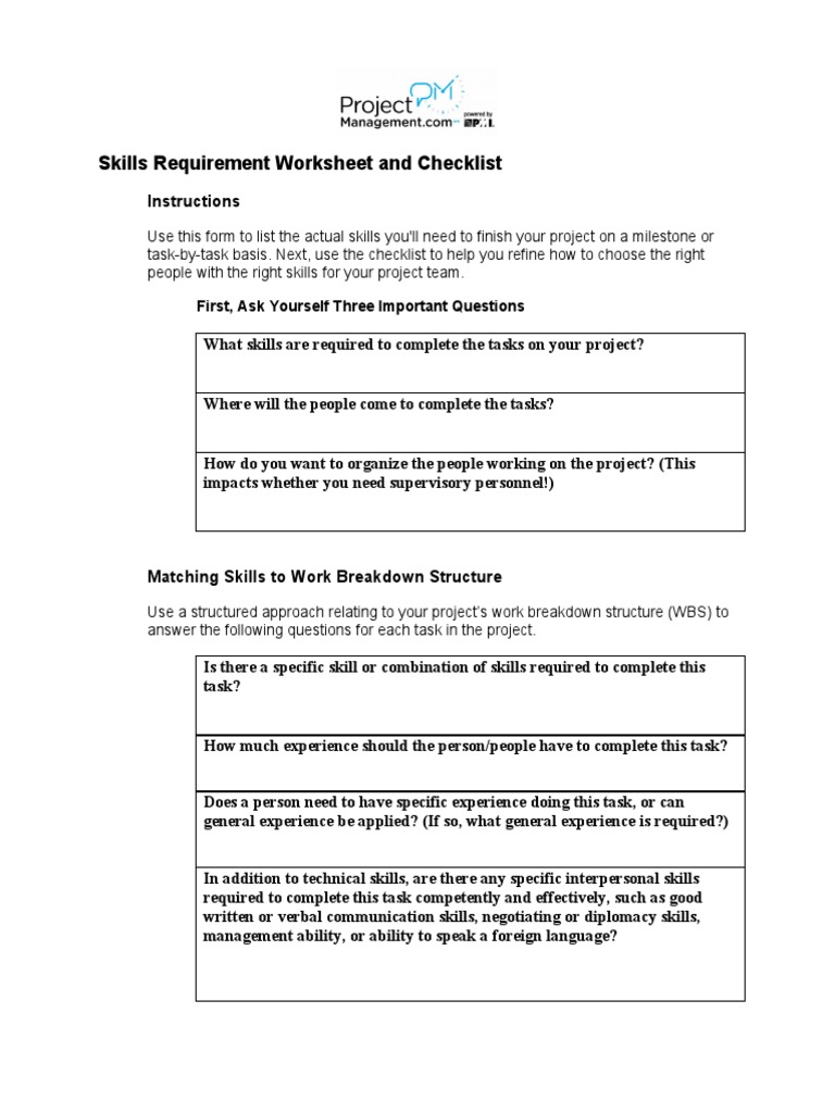 Skills Requirement Worksheet and Checklist First, Ask Yourself Three Important Questions PDF