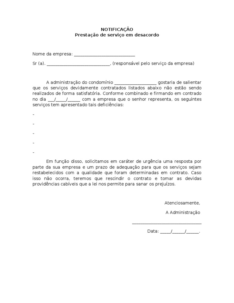 Carta de reclamação sobre serviços prestados