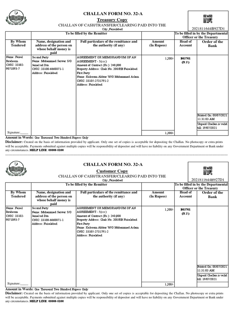 Challan Form No. 32A Treasury Copy Challan of Cash/Transfer/Clearing