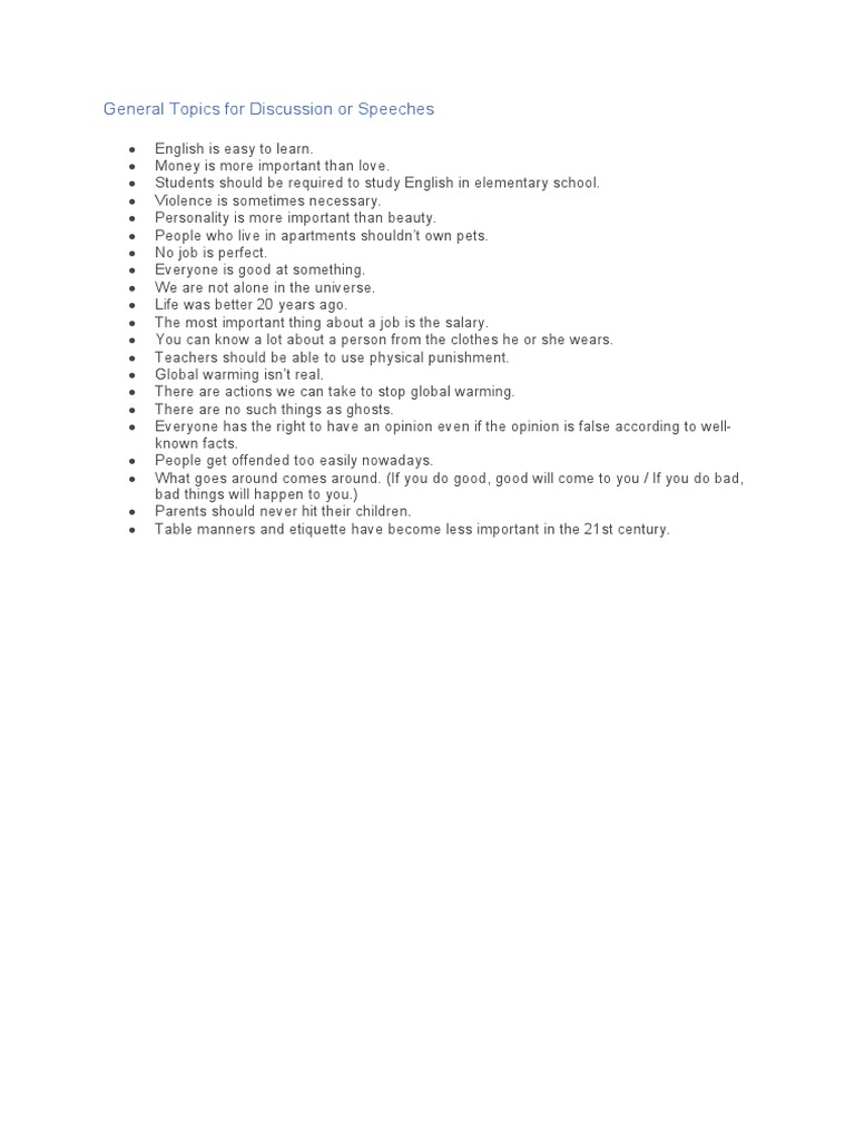 General Topics For Discussion or Speeches | PDF