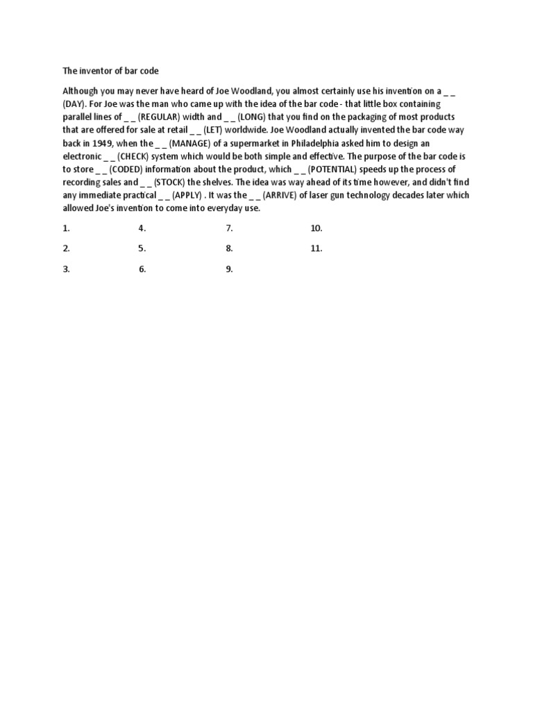 Word - Formation - The Inventor of Bar Code - Ex | PDF
