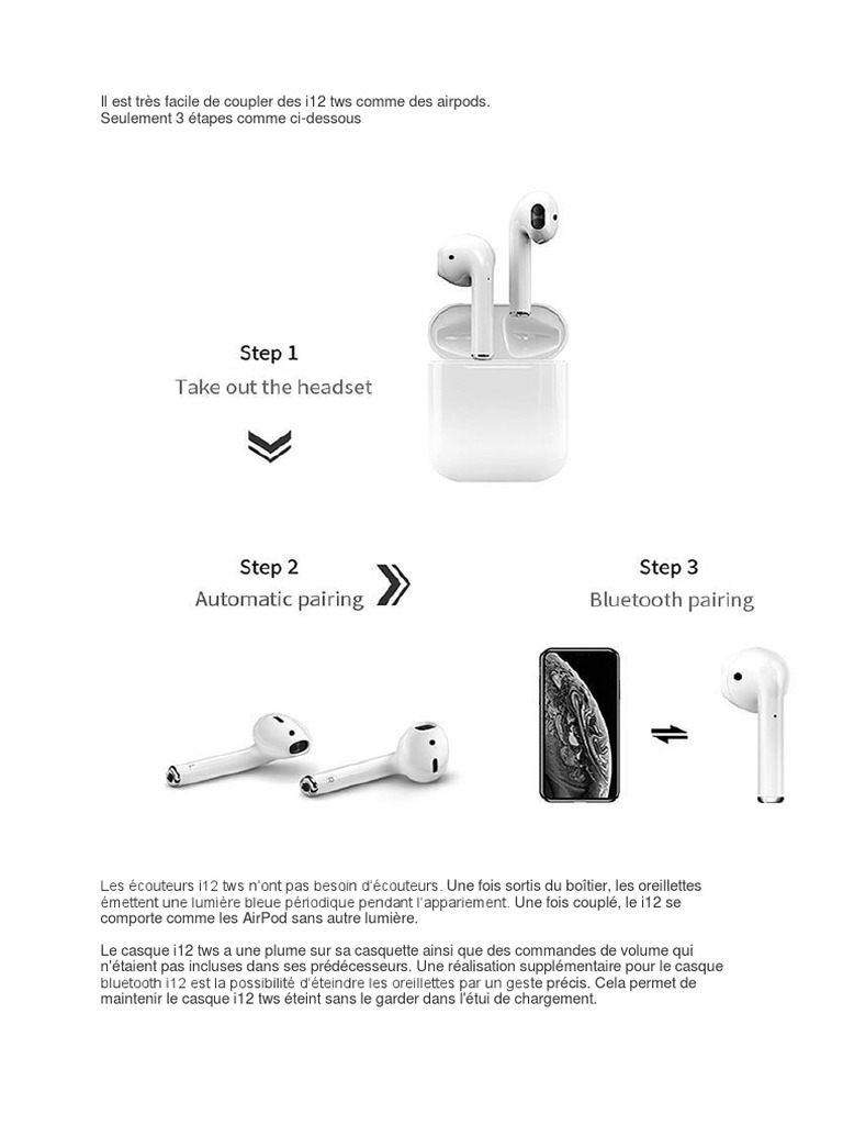 I9s Tws Mode D Emploi En Français I12 Manual Francais | PDF | Casque audio | Bluetooth