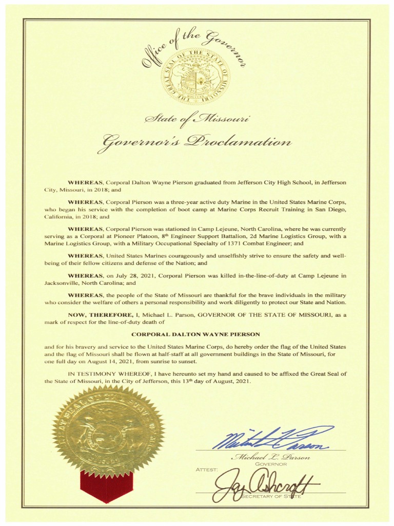 August 13 2021 Corporal Dalton Pierson LODD Proclamation PDF