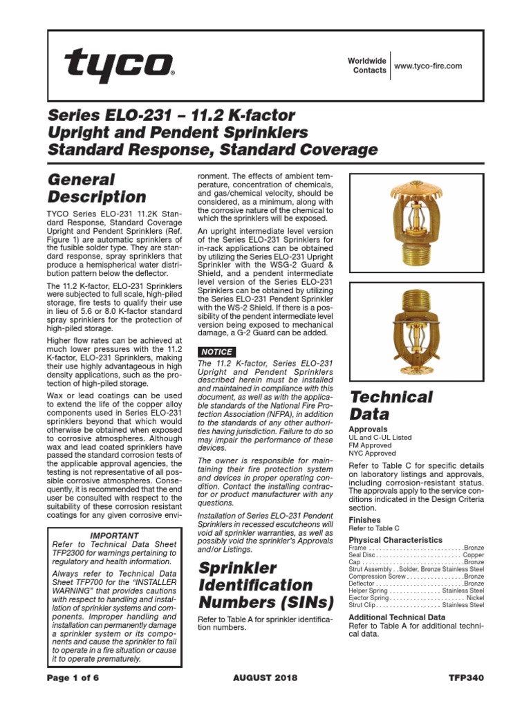 Series ELO231 11.2 KFactor Upright and Pendent Sprinklers Standard