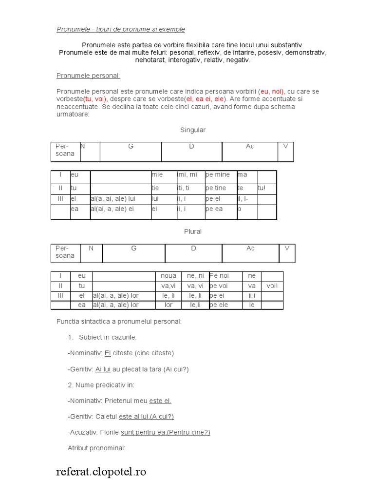 pronumele tipuri de pronume  exemple