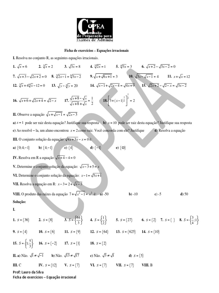Ficha de Exercícios - Equação Irracional (Parte 3) | PDF | Equações ...