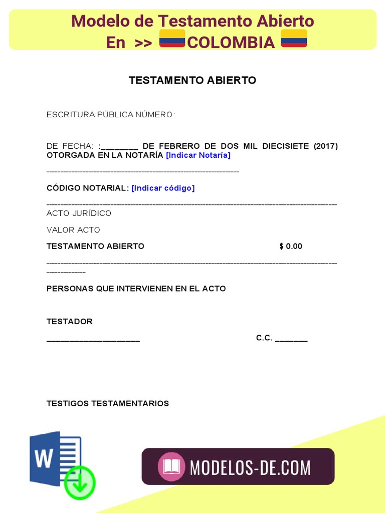Modelo de Testamento Abierto en Colombia PDF Voluntad y testamento