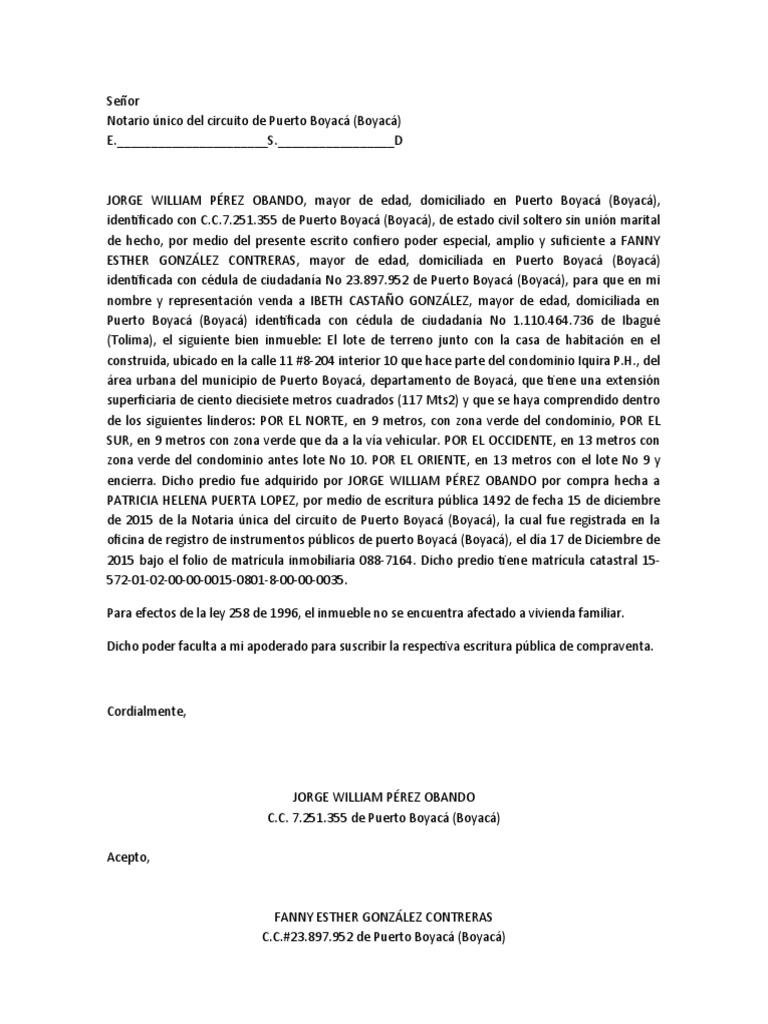 Poder Notarial para Compraventa Inmueble | PDF | Derecho