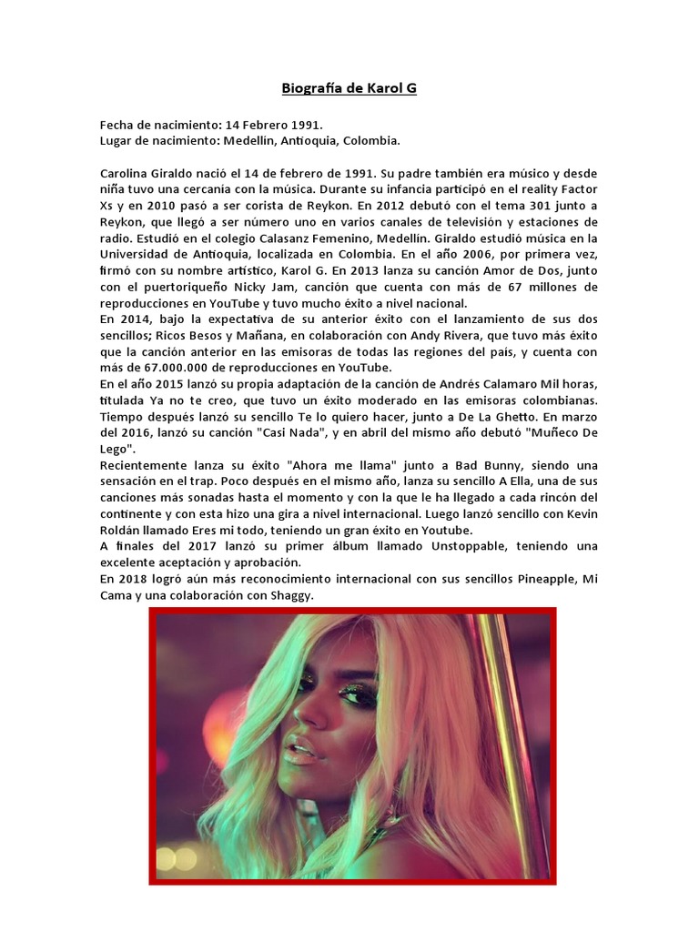 Biografía de Karol G: Trayectoria y Éxitos | PDF | Arte