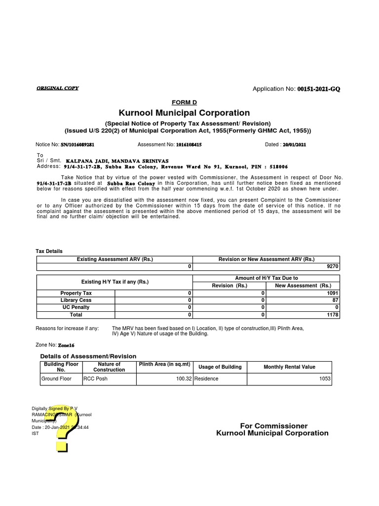 Kurnool Municipal Corporation Form D PDF Property Tax Public Law