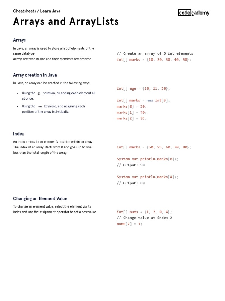 Learn Java - Arrays and ArrayLists Cheatsheet - Codecademy | PDF ...