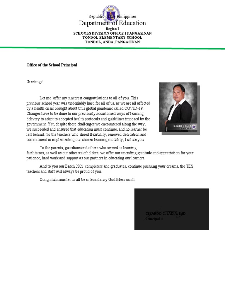 Office of The School Principal - Message | PDF