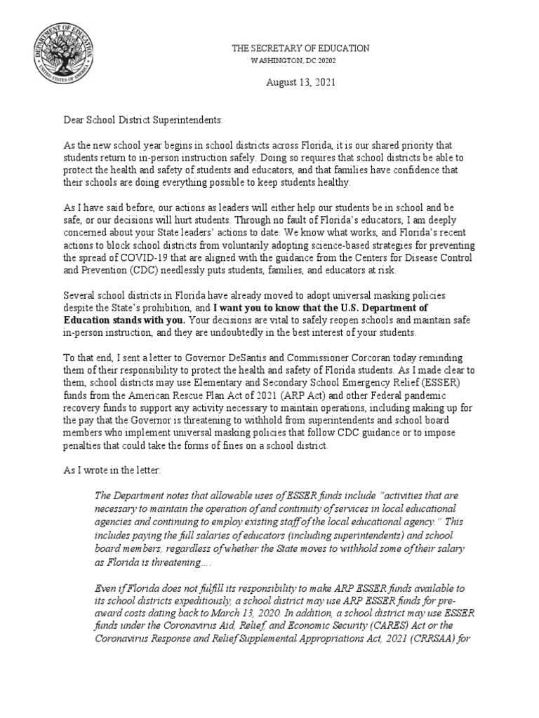 Letter From Secretary Cardona FL Superintendents 08 13 21 PDF Centers For Disease Control