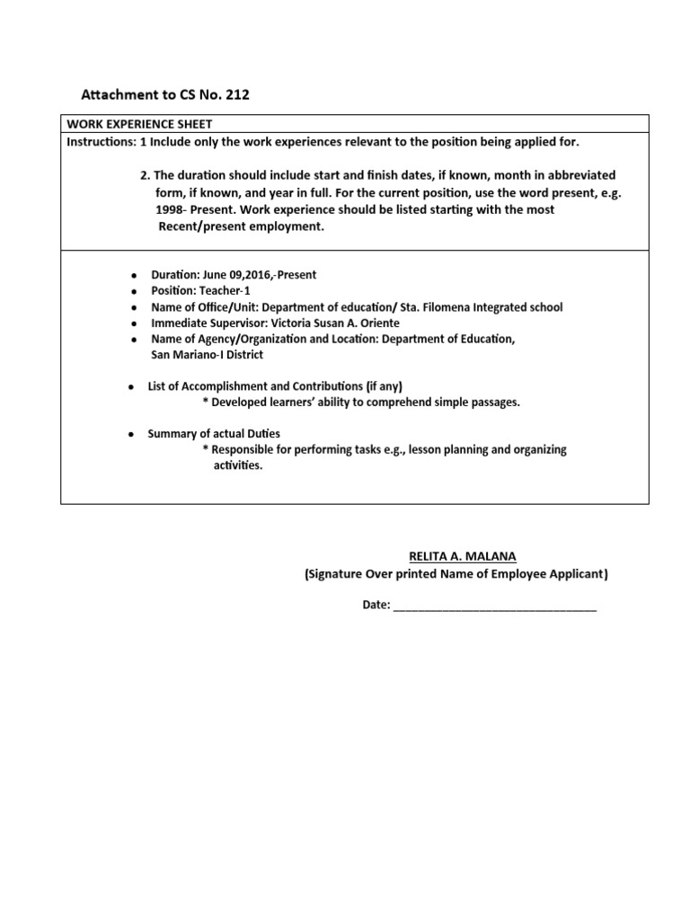 Attachment To CS Form 212 | PDF