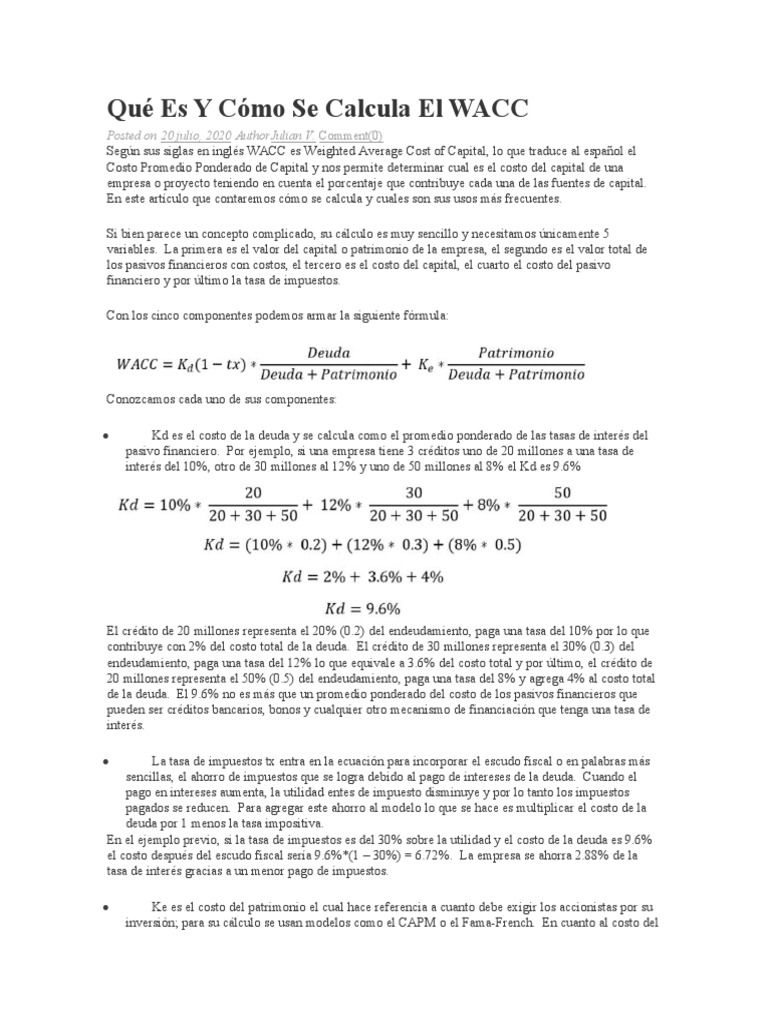 Qu Es Y C mo Se Calcula El WACC PDF Deuda Inter s