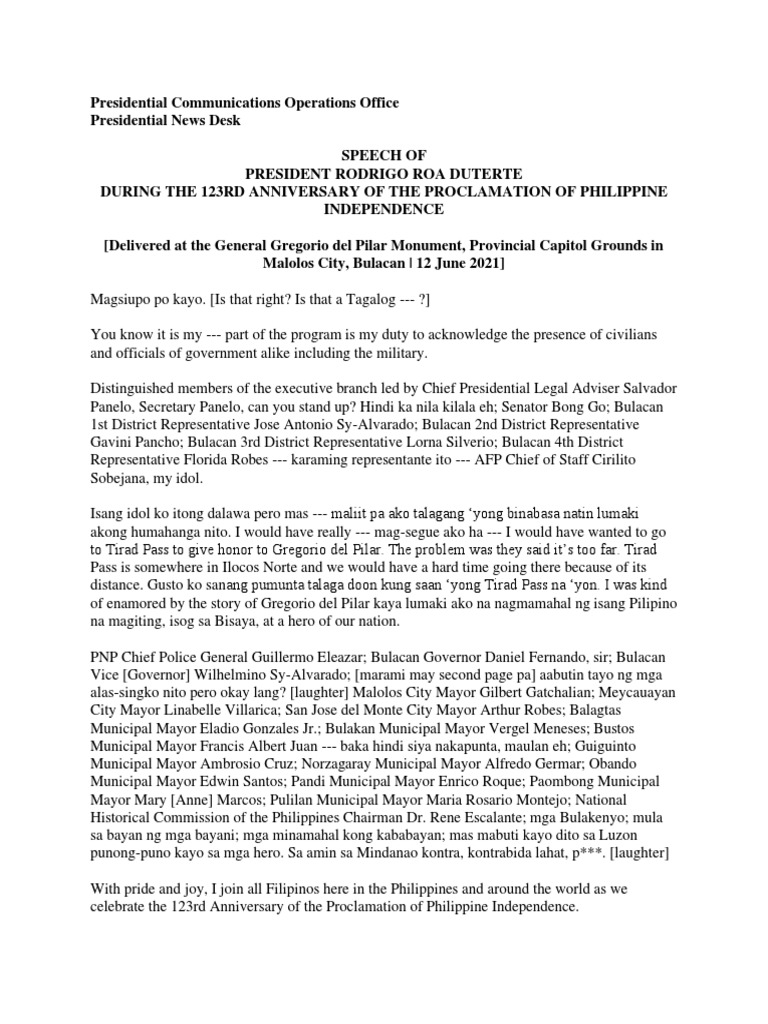 Speech of President Rodrigo Roa Duterte During The 123rd Anniversary of ...