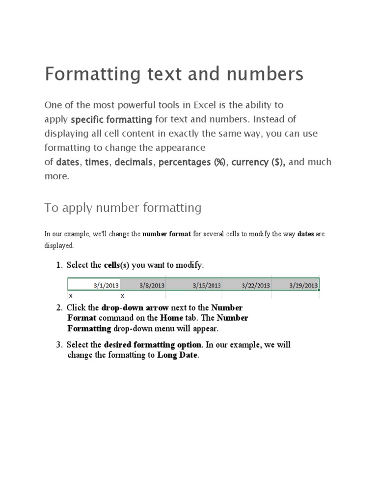 Formatting text and numbers in excel pdf