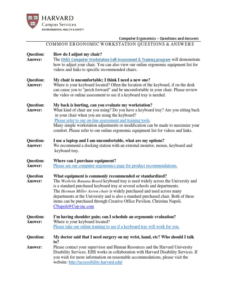 Computer Ergonomics Questions and Answers EH&S Computer Workstation SelfAssessment