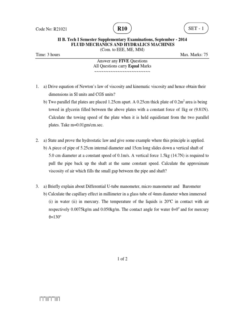 Fluid Mechanics Exam Questions 2014 | PDF | Pressure | Viscosity