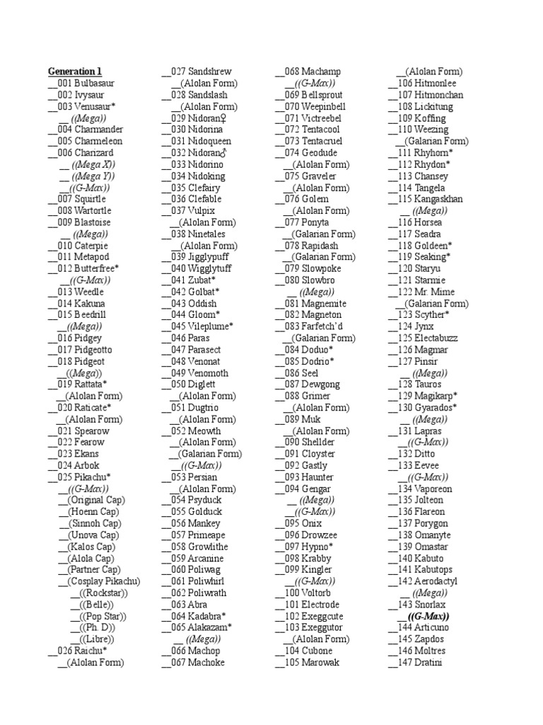 pokemon generations card list pdf of cards Printable Checklist by me : r/pkmntcgcollections List of All Pokemon Characters