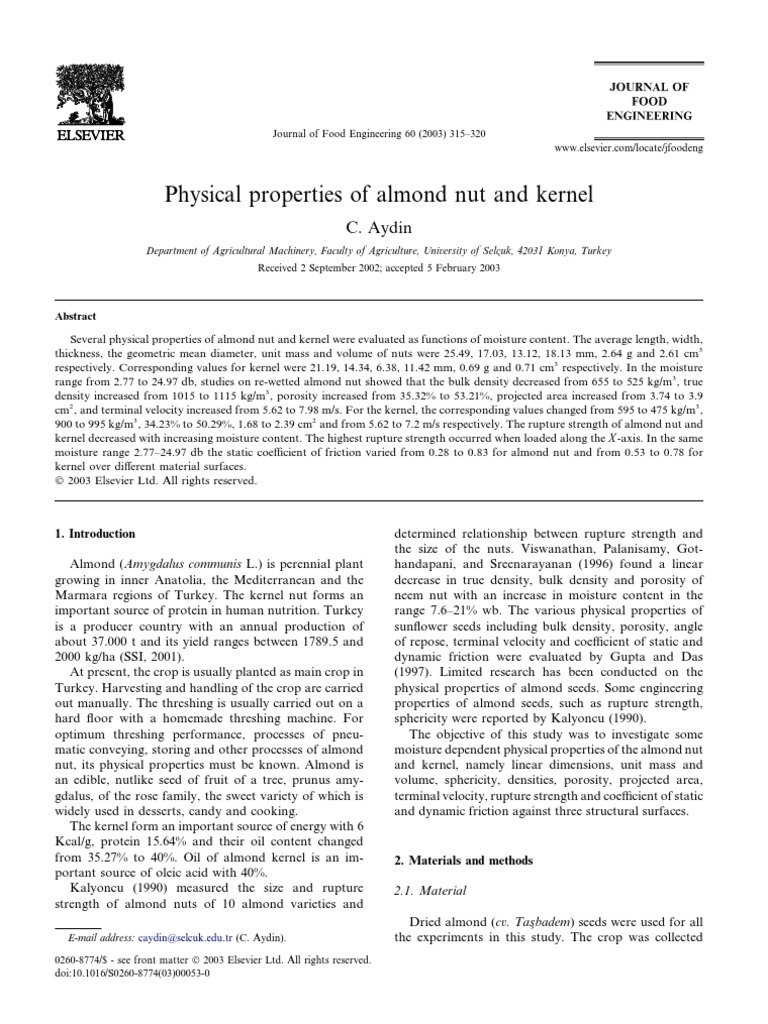 Physical Properties of Almond Nut and Kernel C. Aydin PDF Density