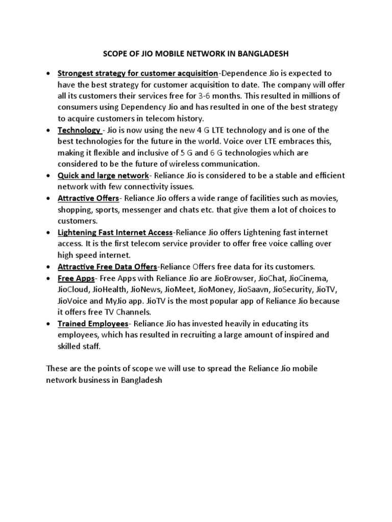 Scope of Jio Mobile Network in Bangladesh Download Free PDF