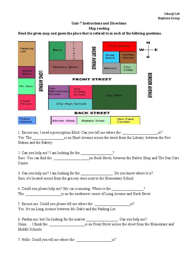 Unit-7 Instructions and Directions Map Reading Read The Given Map and ...