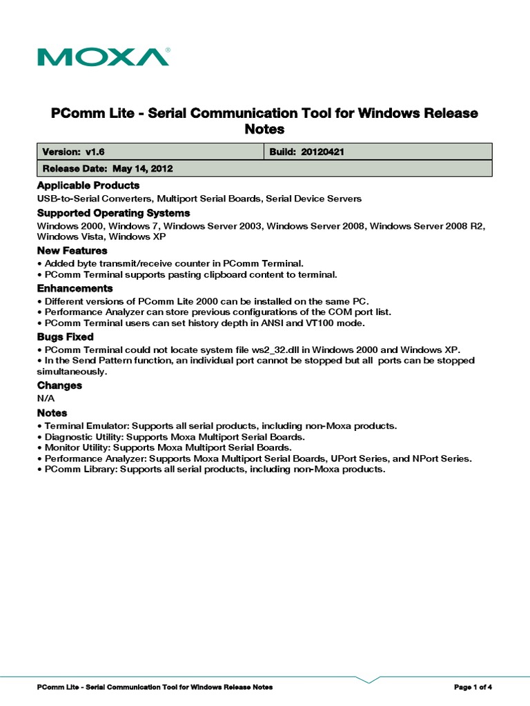 PComm Lite v1.6 Release Notes | PDF | Microsoft Windows | Computer Terminal