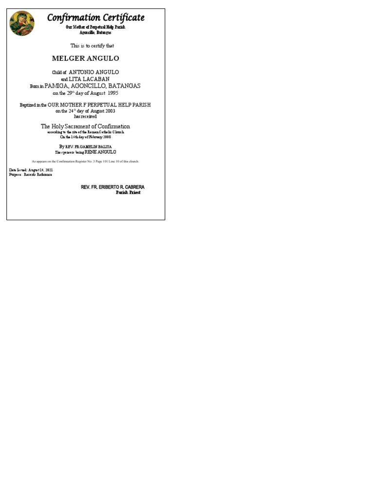 Confirmation Certificate OMPHP-GINA | PDF