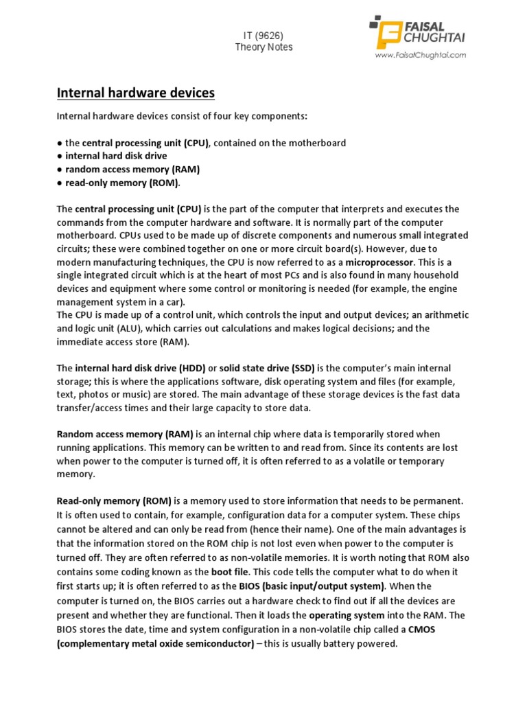 Internal Hardware Devices IT (9626) Theory Notes PDF Computer Data Storage Central