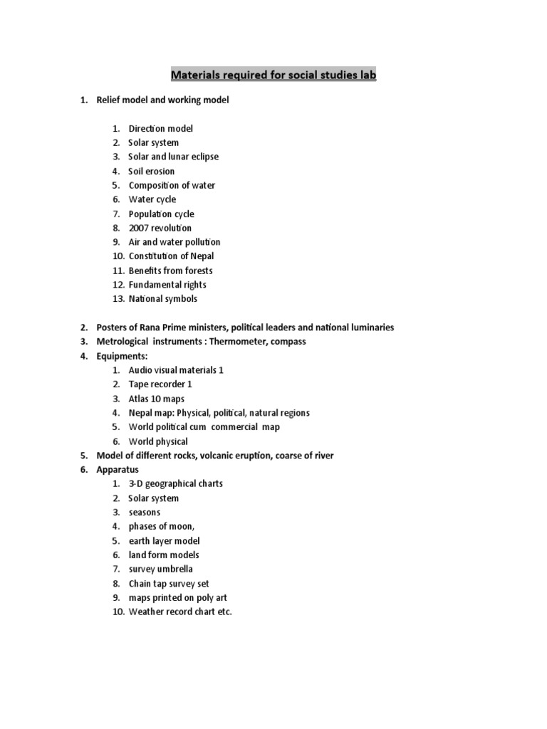 Materials Required For Social Studies Lab PDF