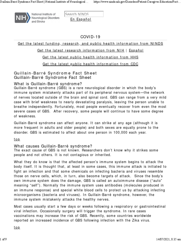 Guillain Barre Syndrome Fact Sheet National Institute Of Neurological Disorders And Stroke Pdf Nerve Nervous System