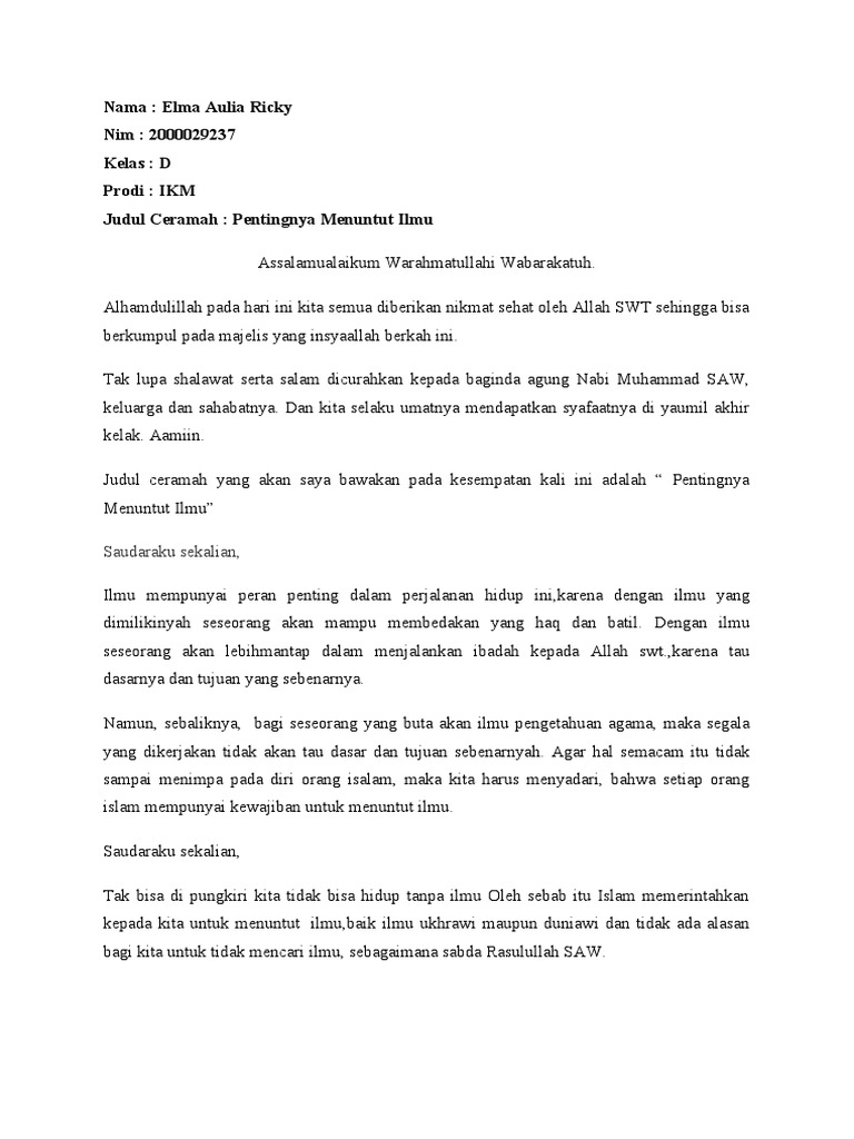 Elma Aulia Ricky 2000029237 D Ikm Tugas Dakwah Ceramah Pdf