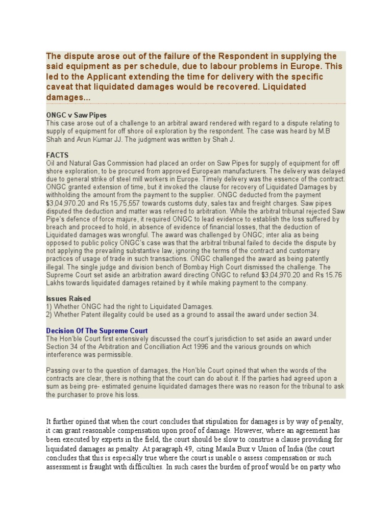 ONGC V Saw PipesCase Summary PDF Liquidated Damages Damages
